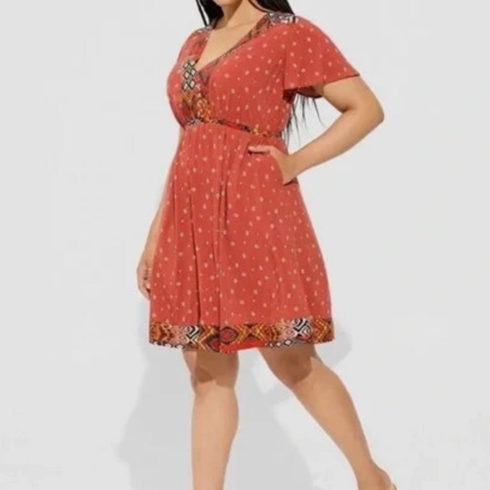 Torrid Mini Challis Boarder Skater Dress 4x Rust Boho Tribal Southwestern